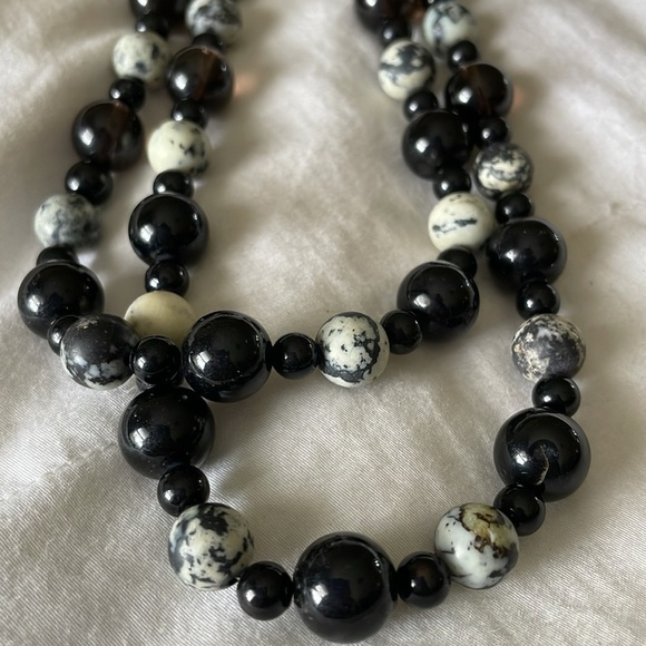 Double Stranded | Varied Sizes | Glass/Metal/Clay Beads| Black/White Necklace - Picture 5 of 6